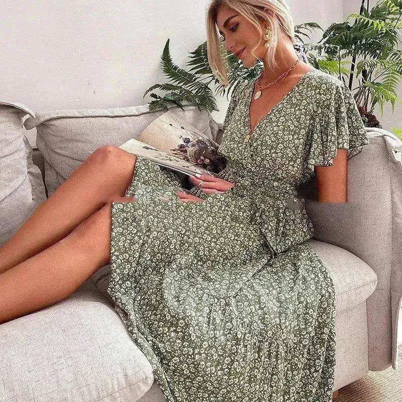 V-neck Lotus Leaf Sleeve Floral Split Dress - www.Shopthatapp.com