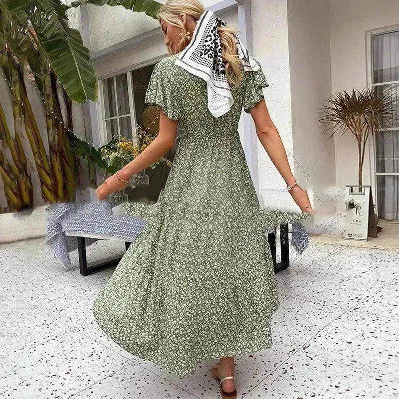 V-neck Lotus Leaf Sleeve Floral Split Dress - www.Shopthatapp.com