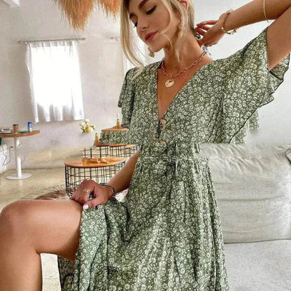 V-neck Lotus Leaf Sleeve Floral Split Dress - www.Shopthatapp.com