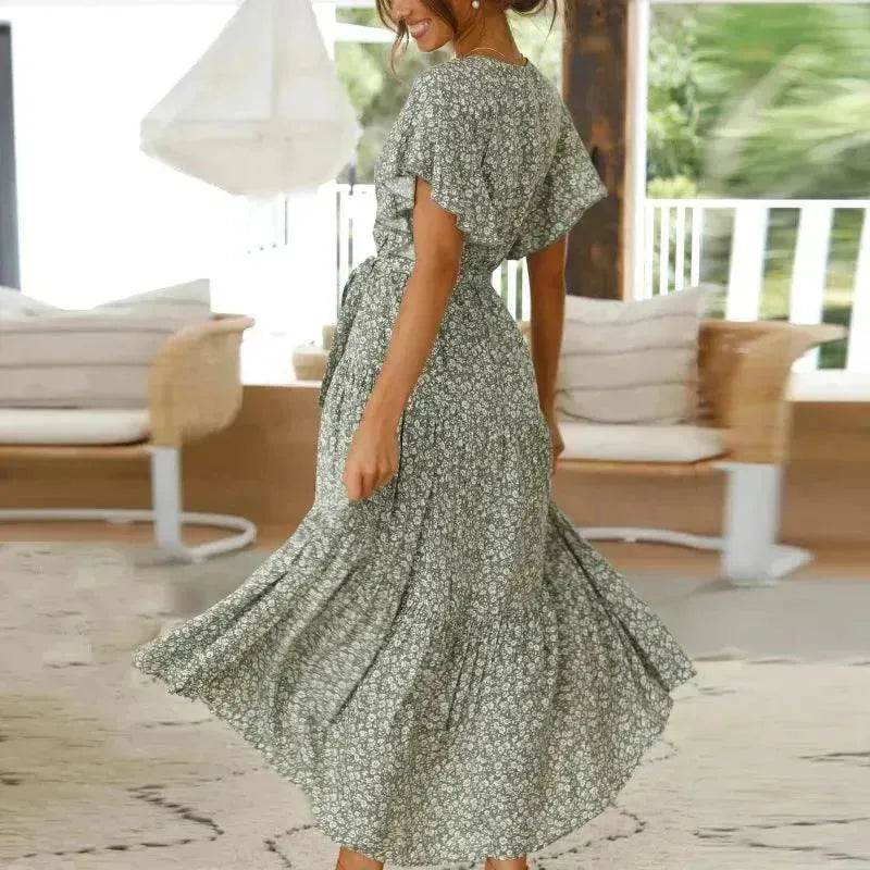 V-neck Lotus Leaf Sleeve Floral Split Dress - www.Shopthatapp.com