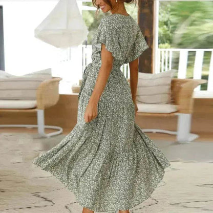 V-neck Lotus Leaf Sleeve Floral Split Dress - www.Shopthatapp.com