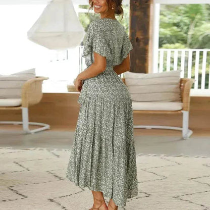 V-neck Lotus Leaf Sleeve Floral Split Dress - www.Shopthatapp.com