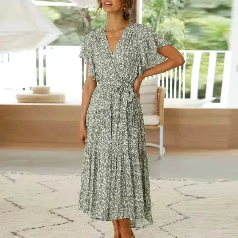 V-neck Lotus Leaf Sleeve Floral Split Dress - www.Shopthatapp.com