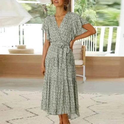 V-neck Lotus Leaf Sleeve Floral Split Dress - www.Shopthatapp.com