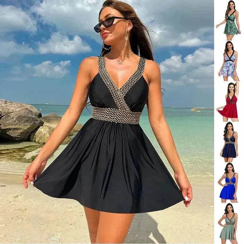 V-neck Printed Swimsuit Dress Summer Beach Vacation Bikini Fashion Womens Clothing - www.Shopthatapp.com