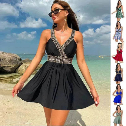V-neck Printed Swimsuit Dress Summer Beach Vacation Bikini Fashion Womens Clothing - www.Shopthatapp.com