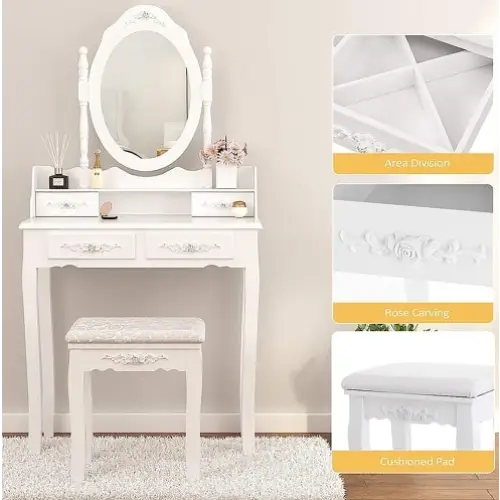 Vanity Table Set With 4 Drawer - www.Shopthatapp.com