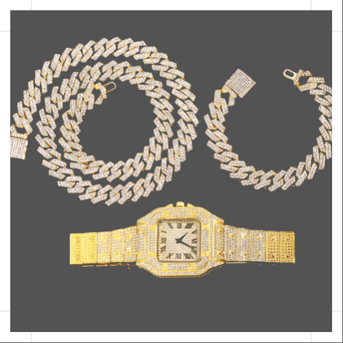 14mm Cuban link chain and bracelet set with a gold watch featuring a dazzling design