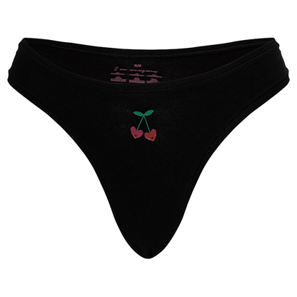 Cheeky Cherry Black Thong with Cute Cherry Design and Leakproof Thong Liner for Comfort