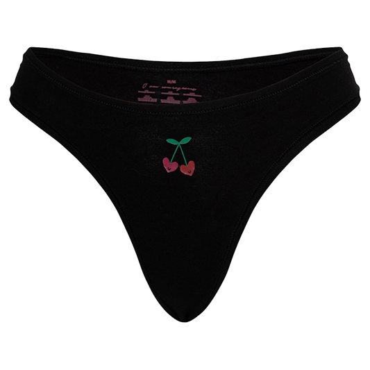 Cheeky Cherry Black Thong with Cute Cherry Design and Leakproof Thong Liner for Comfort