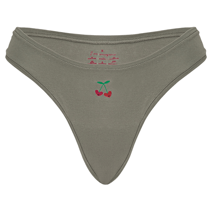 Cheeky Cherry leakproof thong liner in olive green with embroidered cherry design