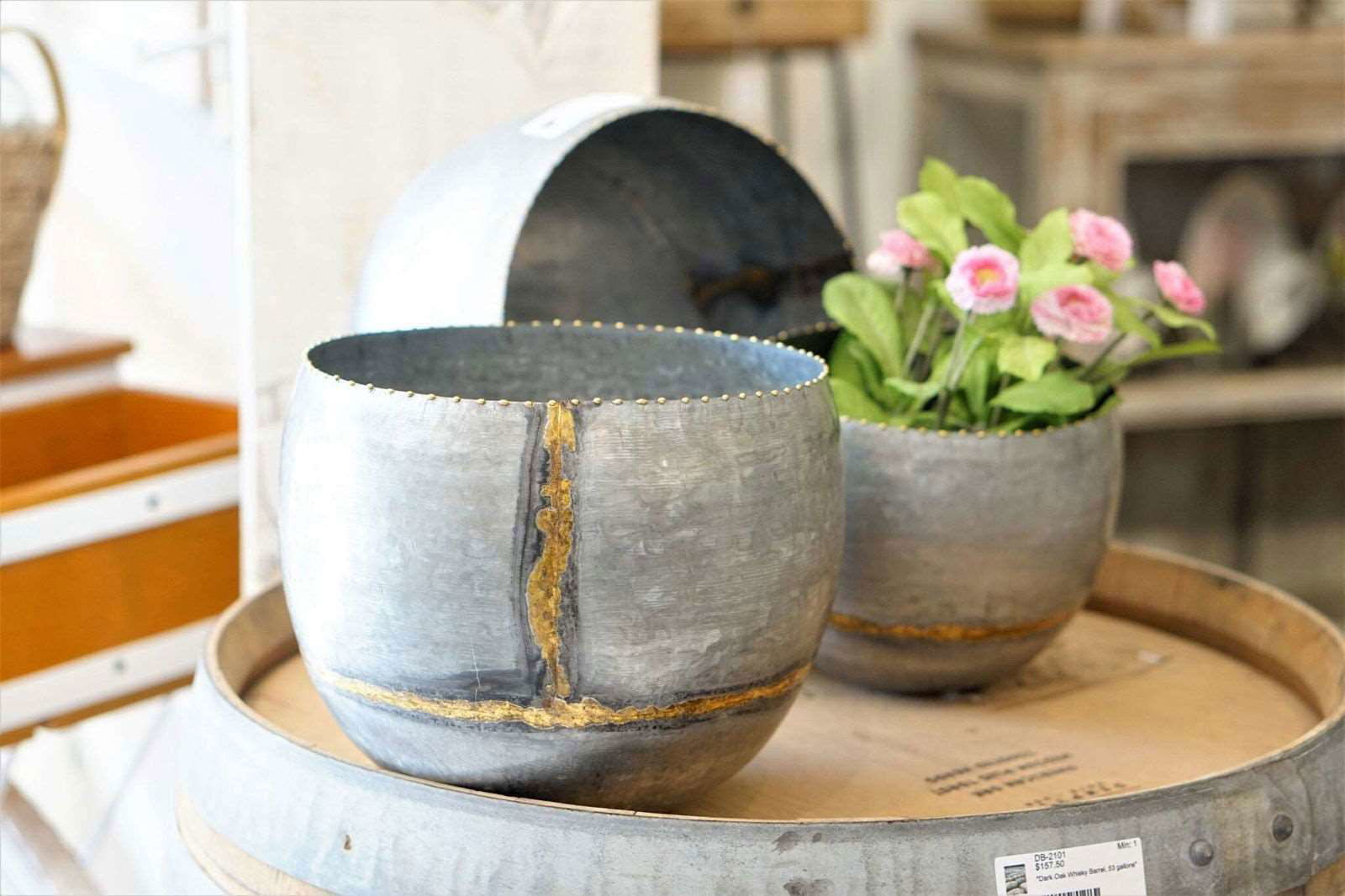 Viola planter set sale featuring stylish silver metal planters with floral accents for home decor