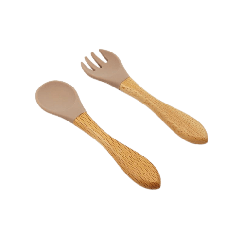 Ensemble cuillère et fourchette pour bébé en silicone/bois couleur taupe chaud
