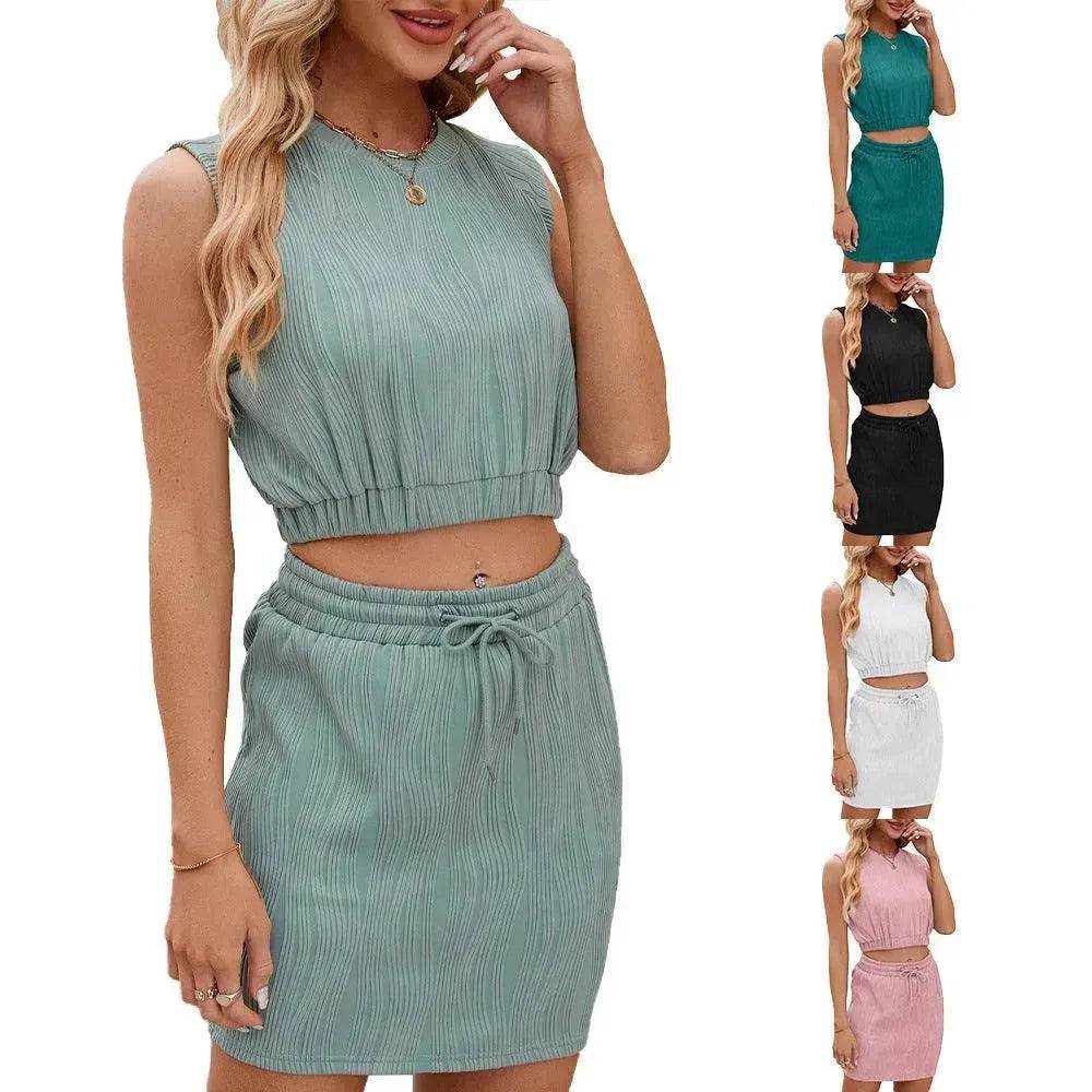Wave Pattern Design Suit For Women Round Neck Sleeveless Top And Drawstring Design Short Skirt Fashion 2-piece Set Summer Clothing - www.Shopthatapp.com