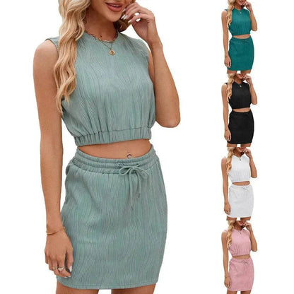 Wave Pattern Design Suit For Women Round Neck Sleeveless Top And Drawstring Design Short Skirt Fashion 2-piece Set Summer Clothing - www.Shopthatapp.com