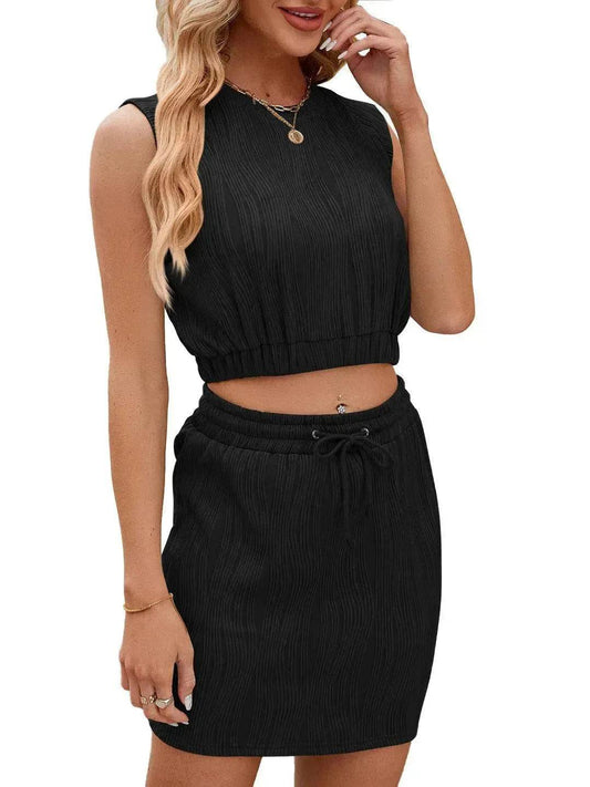 Wave Pattern Design Suit For Women Round Neck Sleeveless Top And Drawstring Design Short Skirt Fashion 2-piece Set Summer Clothing - www.Shopthatapp.com