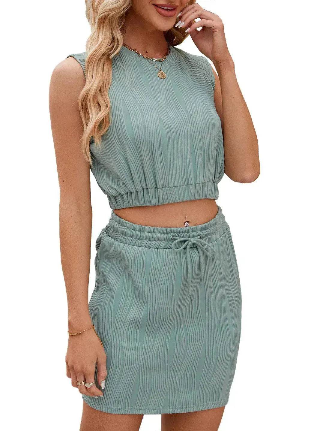 Wave Pattern Design Suit For Women Round Neck Sleeveless Top And Drawstring Design Short Skirt Fashion 2-piece Set Summer Clothing - www.Shopthatapp.com
