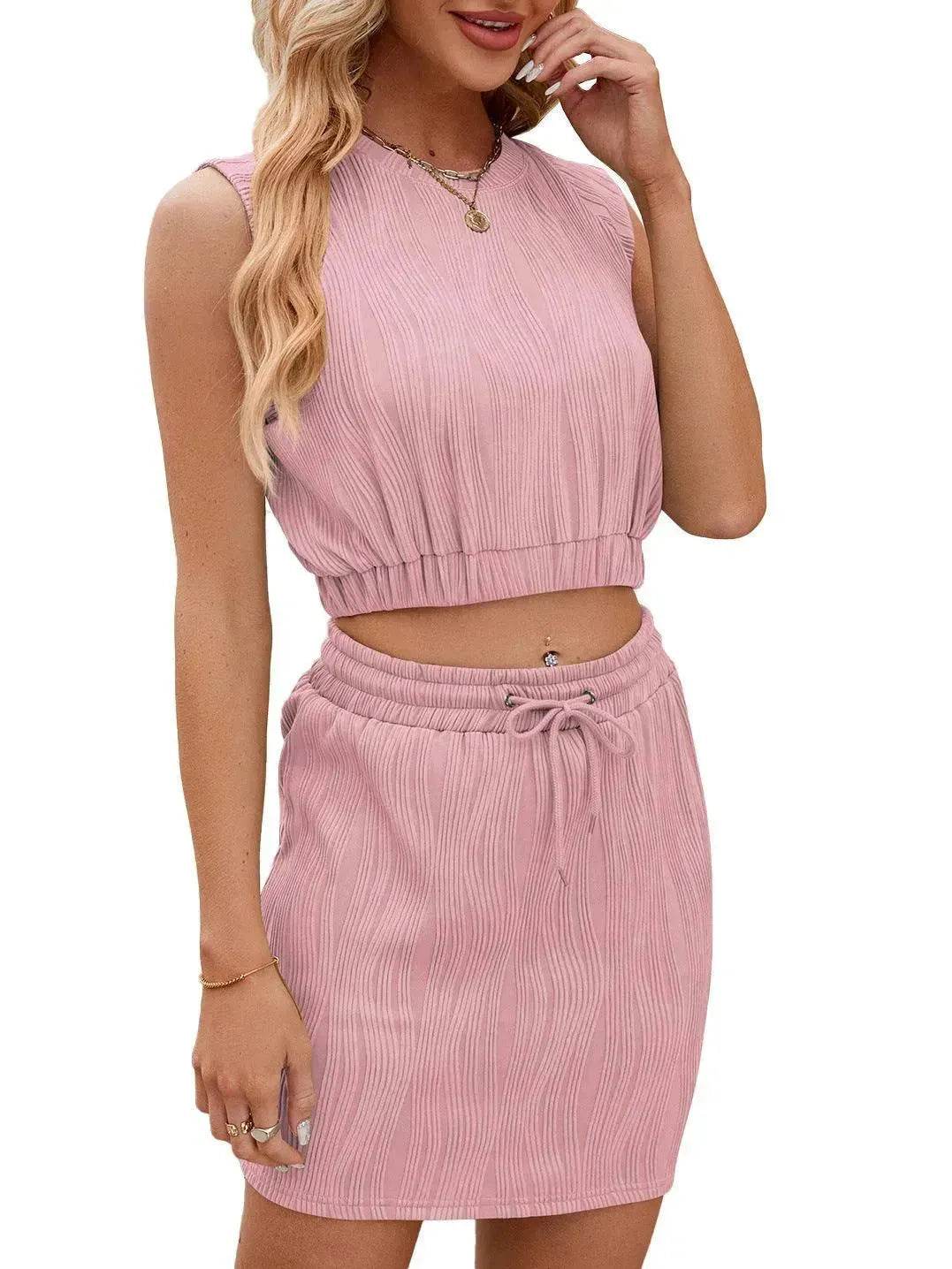Wave Pattern Design Suit For Women Round Neck Sleeveless Top And Drawstring Design Short Skirt Fashion 2-piece Set Summer Clothing - www.Shopthatapp.com