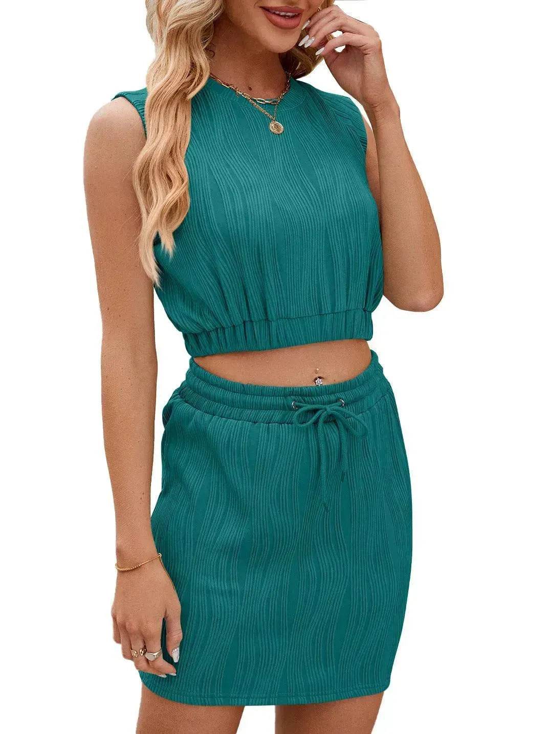Wave Pattern Design Suit For Women Round Neck Sleeveless Top And Drawstring Design Short Skirt Fashion 2-piece Set Summer Clothing - www.Shopthatapp.com