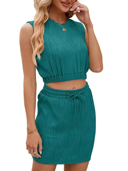 Wave Pattern Design Suit For Women Round Neck Sleeveless Top And Drawstring Design Short Skirt Fashion 2-piece Set Summer Clothing - www.Shopthatapp.com