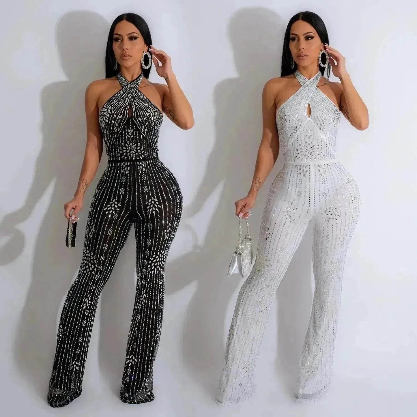 Wear Solid Color Rhinestone Sleeveless Halter Trousers Jumpsuit - www.Shopthatapp.com