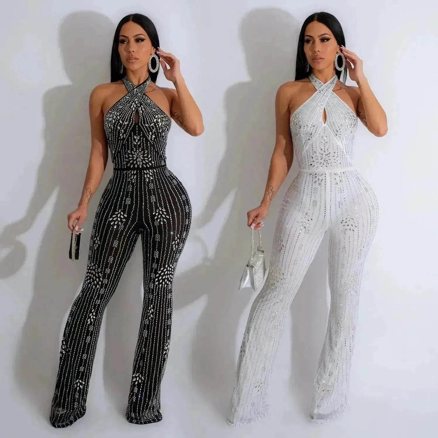 Wear Solid Color Rhinestone Sleeveless Halter Trousers Jumpsuit - www.Shopthatapp.com