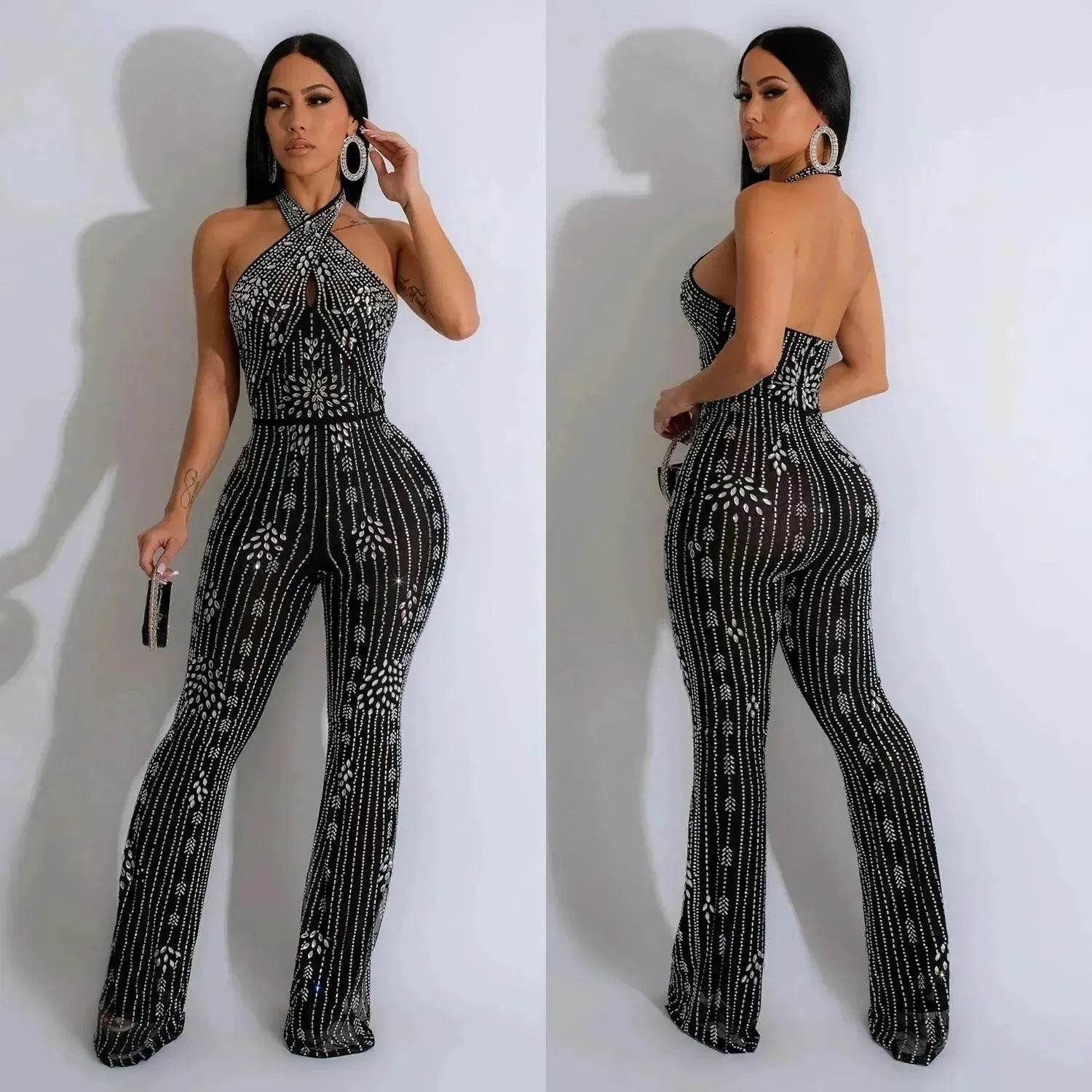 Wear Solid Color Rhinestone Sleeveless Halter Trousers Jumpsuit - www.Shopthatapp.com