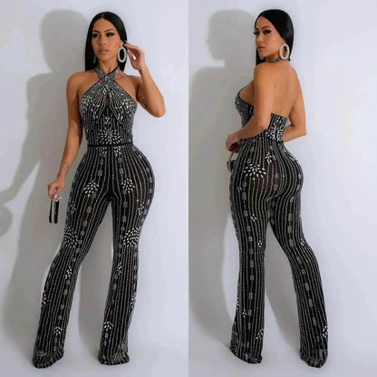 Wear Solid Color Rhinestone Sleeveless Halter Trousers Jumpsuit - www.Shopthatapp.com