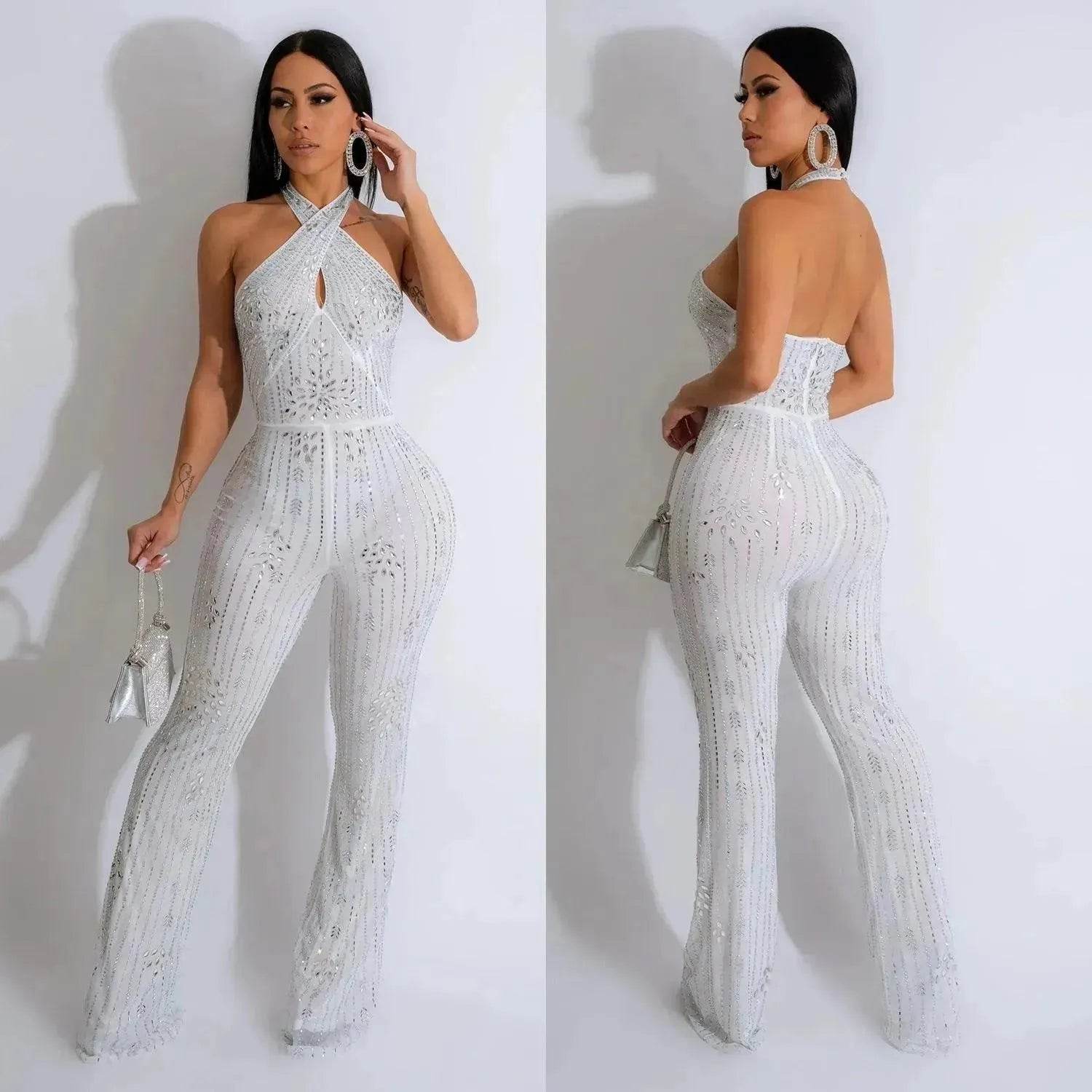 Wear Solid Color Rhinestone Sleeveless Halter Trousers Jumpsuit - www.Shopthatapp.com
