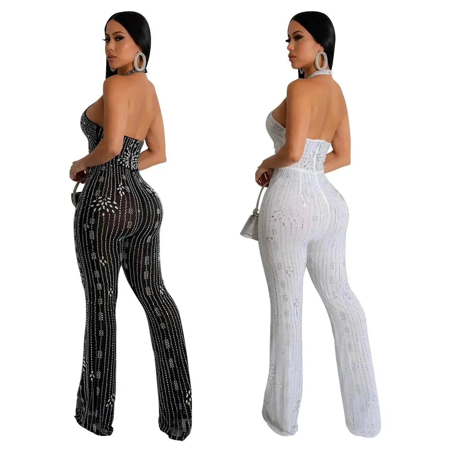 Wear Solid Color Rhinestone Sleeveless Halter Trousers Jumpsuit - www.Shopthatapp.com
