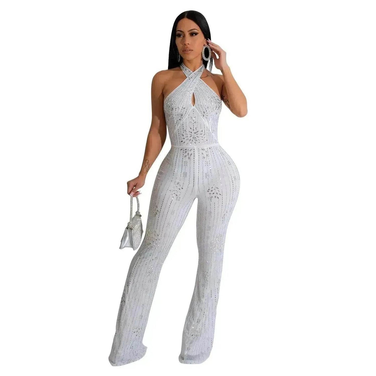 Wear Solid Color Rhinestone Sleeveless Halter Trousers Jumpsuit - www.Shopthatapp.com