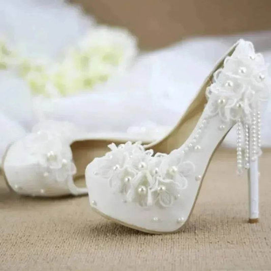 White Lace Flower High Heels Tassel Bridal Wedding Bridesmaid Shoes - www.Shopthatapp.com