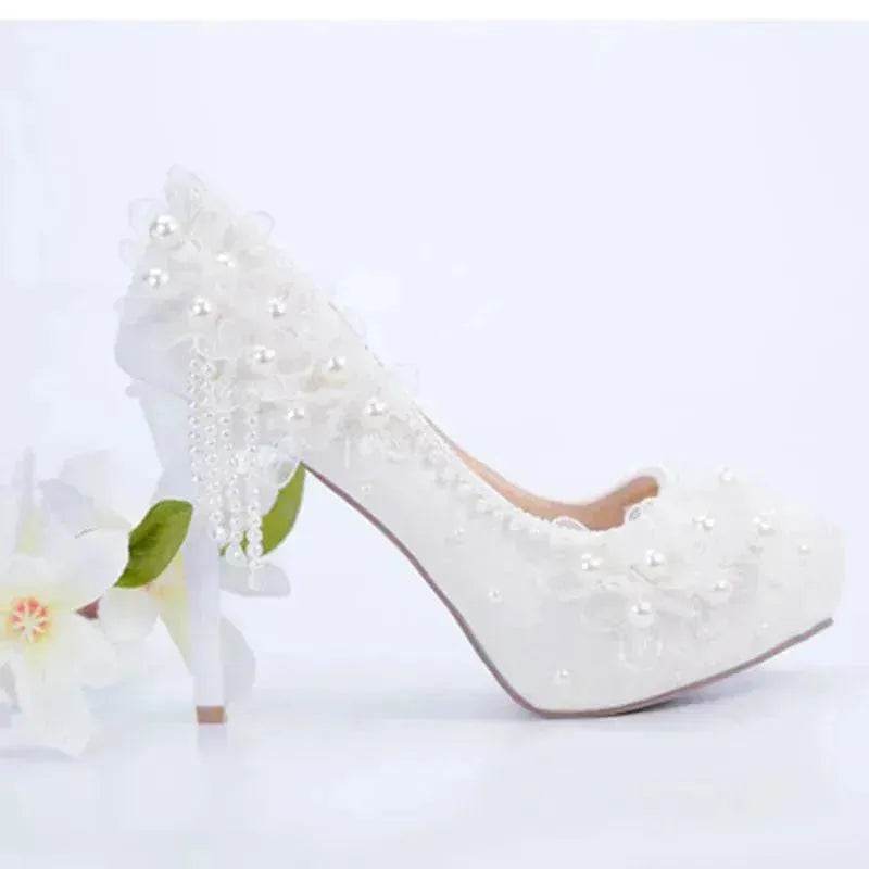 White Lace Flower High Heels Tassel Bridal Wedding Bridesmaid Shoes - www.Shopthatapp.com