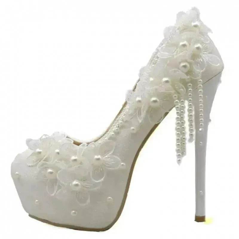 White Lace Flower High Heels Tassel Bridal Wedding Bridesmaid Shoes - www.Shopthatapp.com