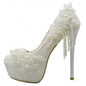 White Lace Flower High Heels Tassel Bridal Wedding Bridesmaid Shoes - www.Shopthatapp.com