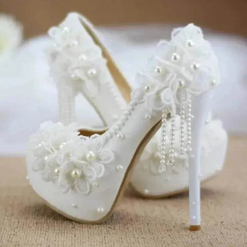 White Lace Flower High Heels Tassel Bridal Wedding Bridesmaid Shoes - www.Shopthatapp.com