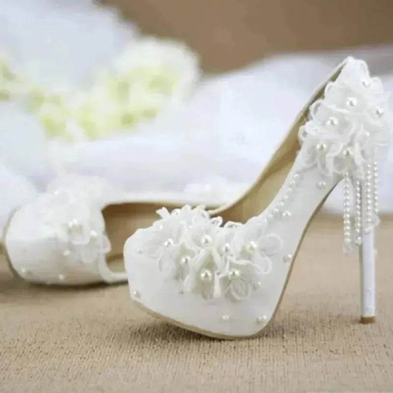 White Lace Flower High Heels Tassel Bridal Wedding Bridesmaid Shoes - www.Shopthatapp.com