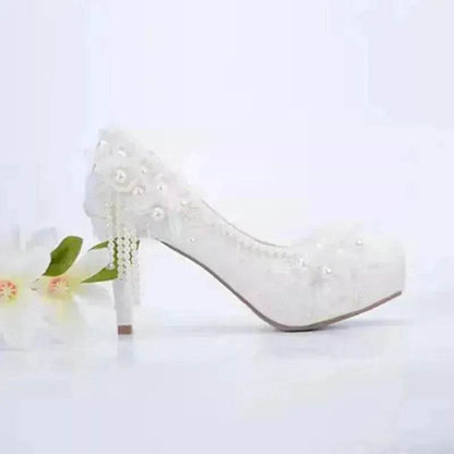 White Lace Flower High Heels Tassel Bridal Wedding Bridesmaid Shoes - www.Shopthatapp.com