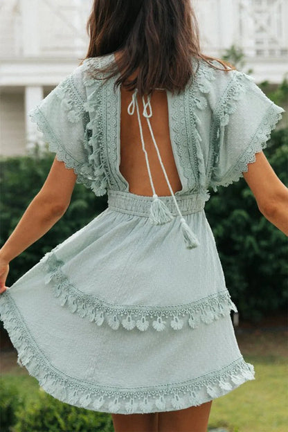 Robe Winnie en coton à manches chauve-souris et dos nu en dentelle