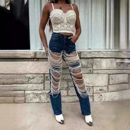 Women Creative Casual Ripped Denim Jeans  Straight Leg Pant Trouser - www.Shopthatapp.com