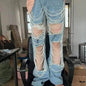 Women Creative Casual Ripped Denim Jeans  Straight Leg Pant Trouser - www.Shopthatapp.com