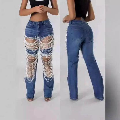 Women Creative Casual Ripped Denim Jeans  Straight Leg Pant Trouser - www.Shopthatapp.com