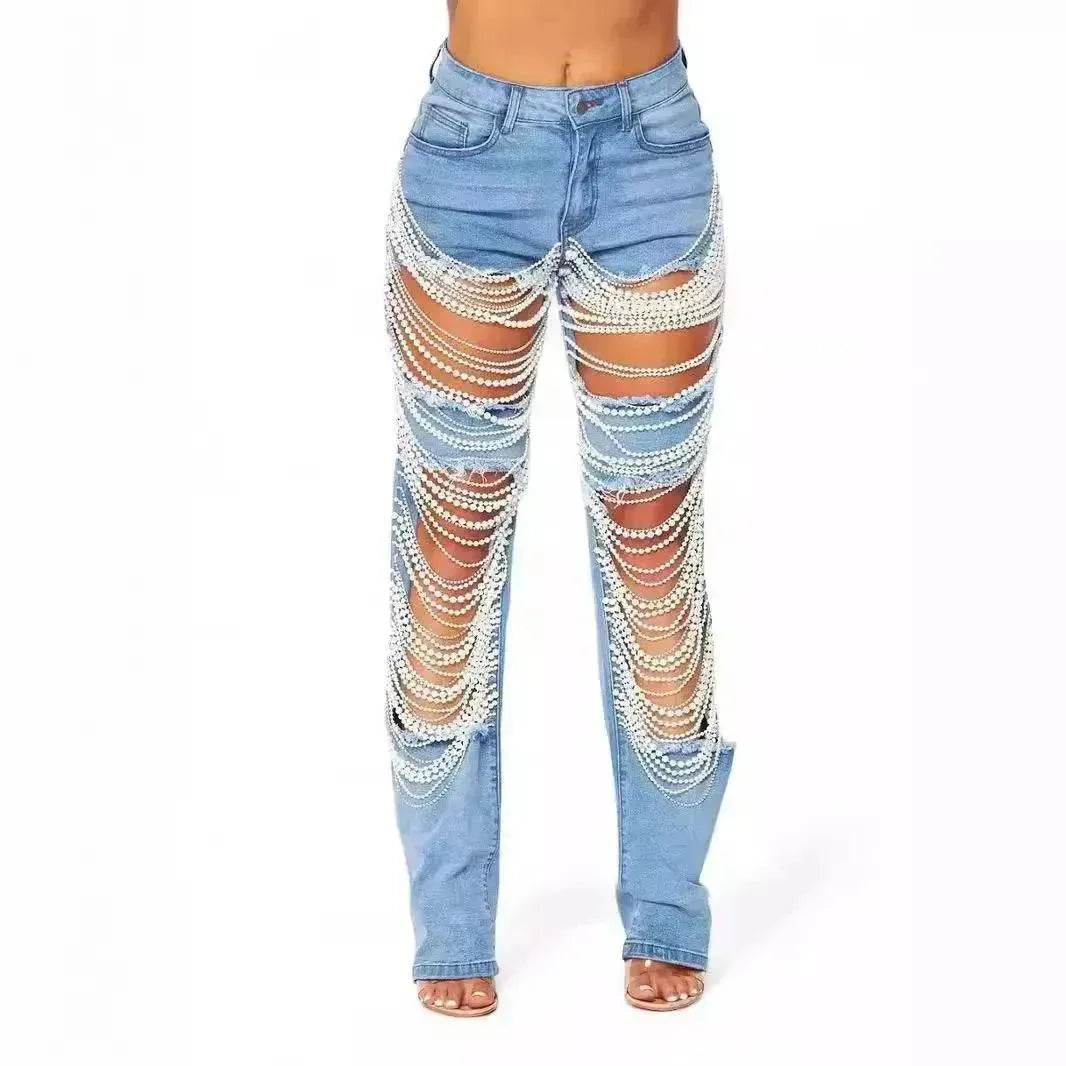 Women Creative Casual Ripped Denim Jeans  Straight Leg Pant Trouser - www.Shopthatapp.com