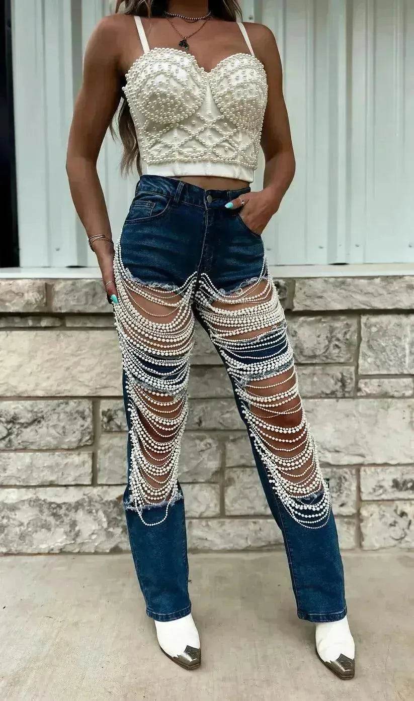 Women Creative Casual Ripped Denim Jeans  Straight Leg Pant Trouser - www.Shopthatapp.com