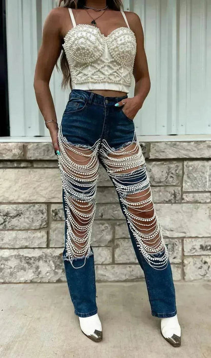Women Creative Casual Ripped Denim Jeans  Straight Leg Pant Trouser - www.Shopthatapp.com