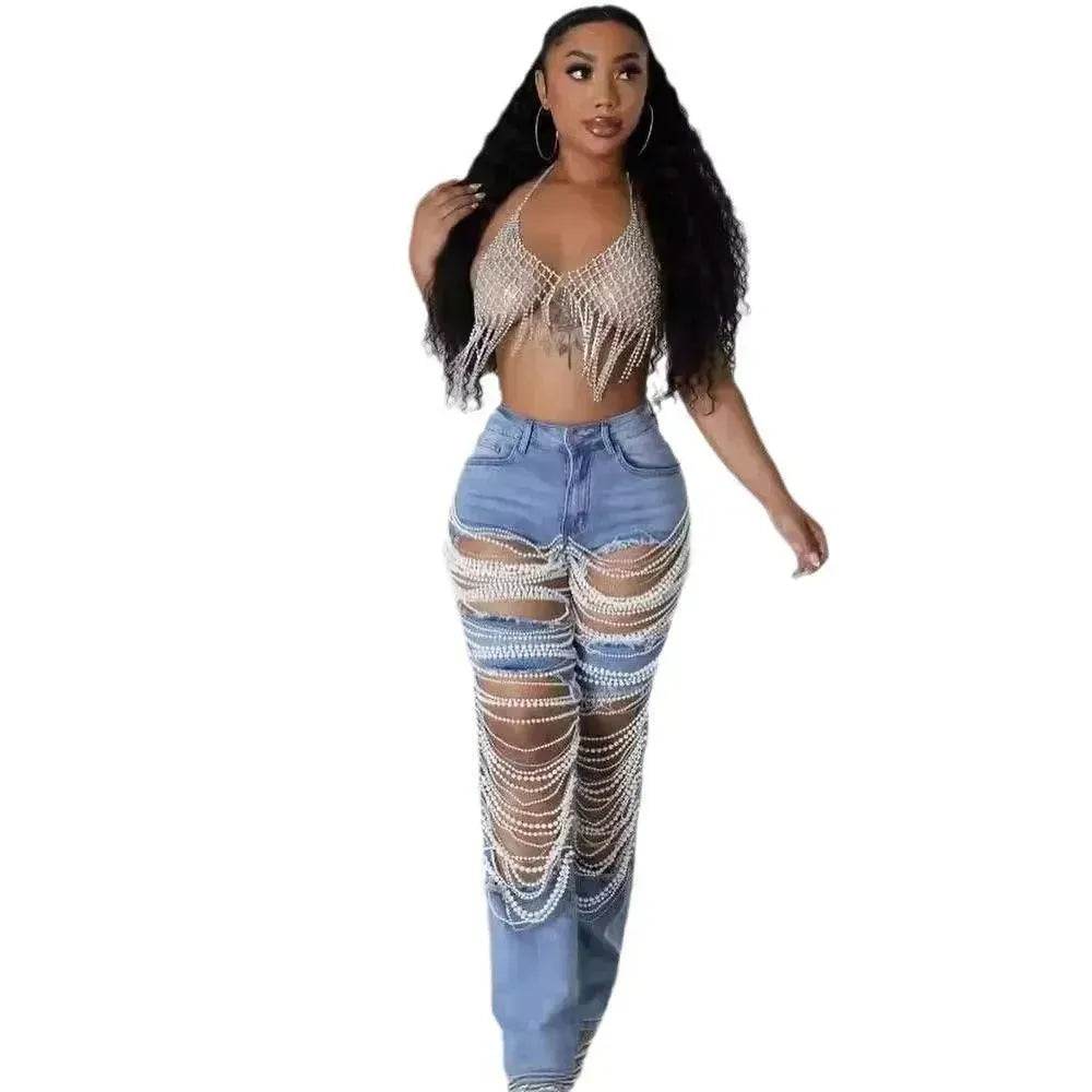 Women Creative Casual Ripped Denim Jeans  Straight Leg Pant Trouser - www.Shopthatapp.com