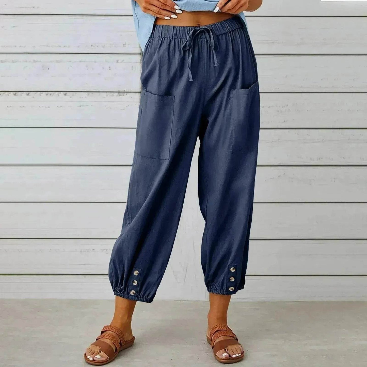 Women Drawstring Tie Pants Spring Summer Cotton And Linen Trousers With Pockets Button - www.Shopthatapp.com