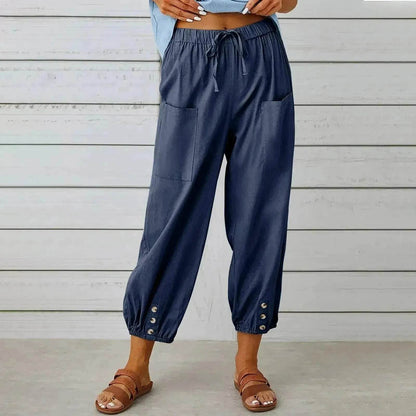 Women Drawstring Tie Pants Spring Summer Cotton And Linen Trousers With Pockets Button - www.Shopthatapp.com