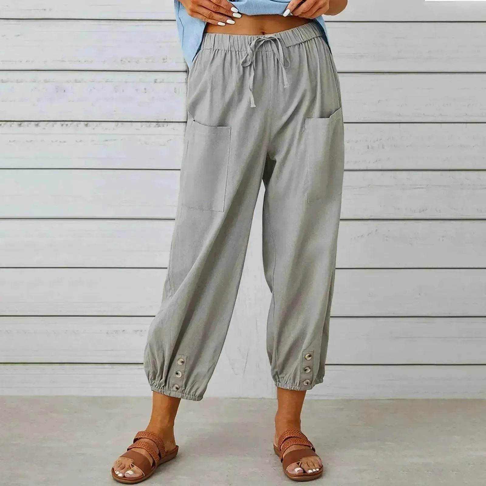Women Drawstring Tie Pants Spring Summer Cotton And Linen Trousers With Pockets Button - www.Shopthatapp.com