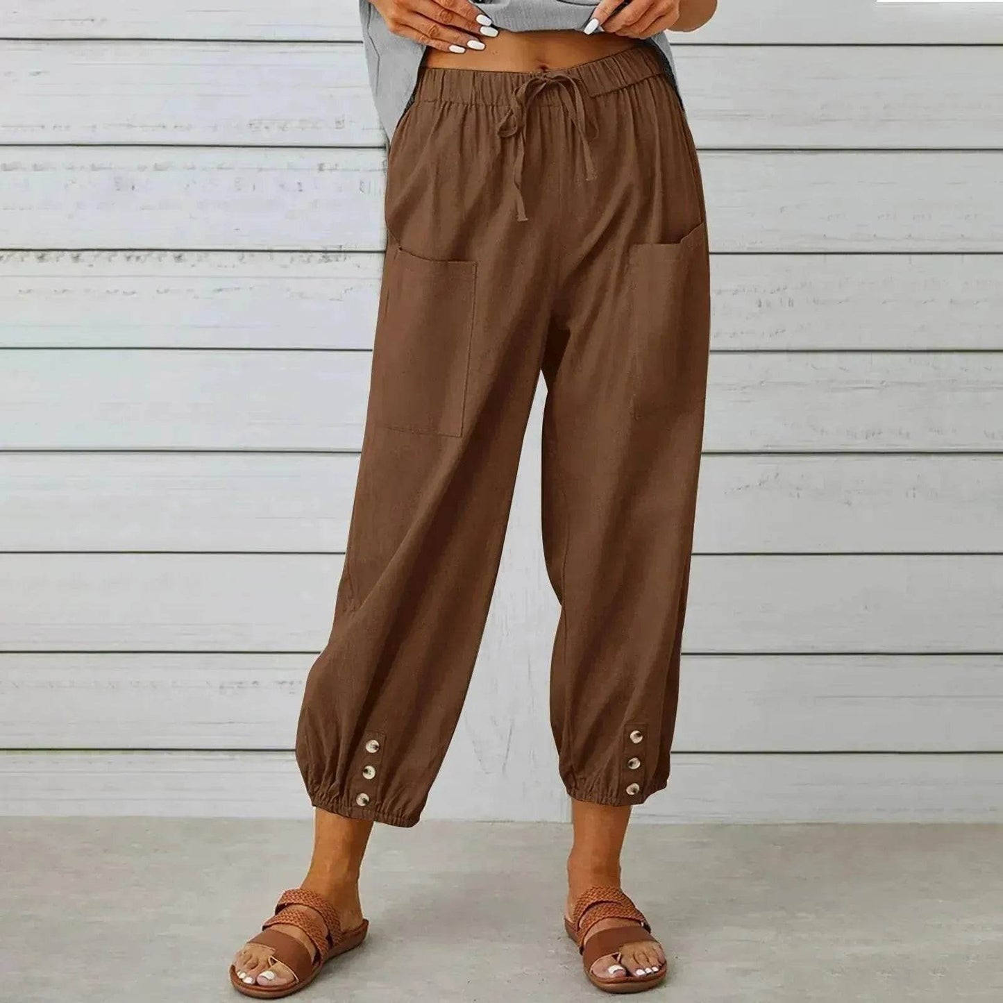 Women Drawstring Tie Pants Spring Summer Cotton And Linen Trousers With Pockets Button - www.Shopthatapp.com